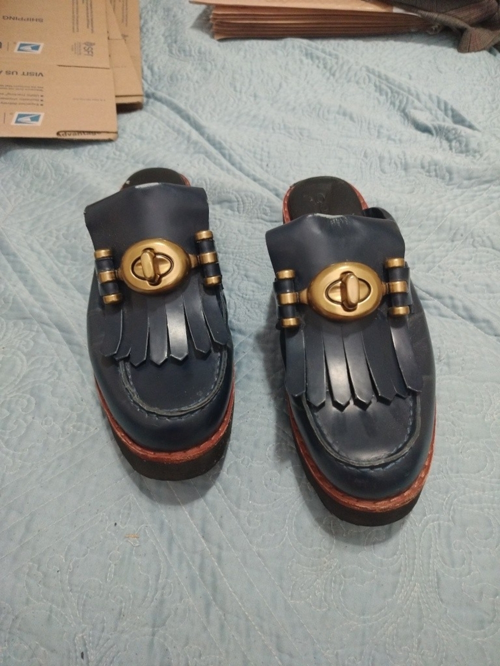 Coach Navy Leather Kiltie Slip-On Loafers with Gold Tone Turnlock